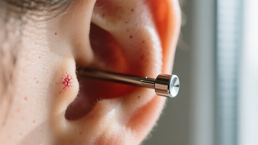 Macro photography of an ear piercing showing a small localized irritation bump next to a flat-back titanium labret post
