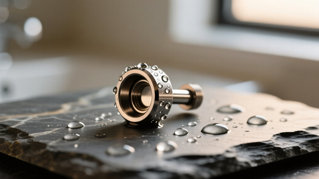Macro shot of an ASTM F136 titanium threadless labret stud on wet slate, water droplets reflecting soft warm bathroom lighting.