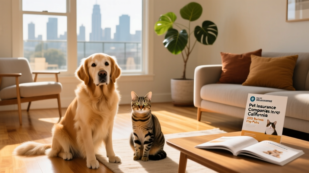 A calm, confident dog and cat sitting side-by-side on a sunlit living room floor, symbolizing peace of mind and financial security for pet owners