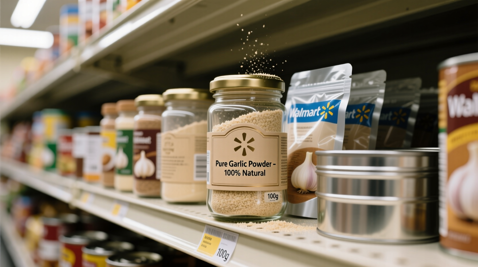 Garlic powder containers on Walmart shelf