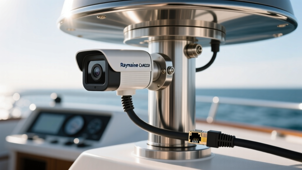 Close-up of Raymarine CAM220 IP camera mounted on a stainless steel radar arch with marine-grade sealed RJ45 ethernet cables