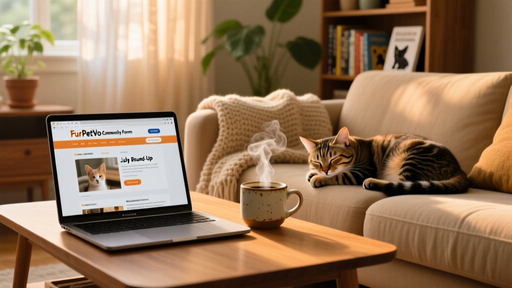 A cozy living room scene with a laptop open to the FurPetVo Community Forum homepage, a steaming mug nearby, and a sleeping cat curled on the sofa