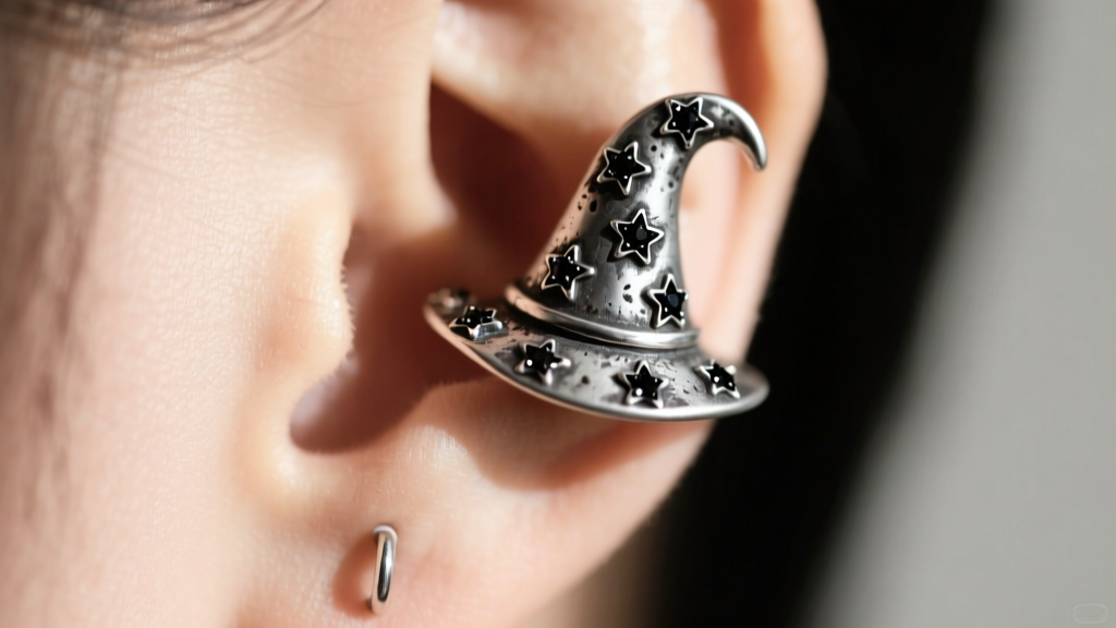 Close-up of an oxidized sterling silver witch hat ear cuff on a cartilage piercing with tiny black spinel stars against pale skin