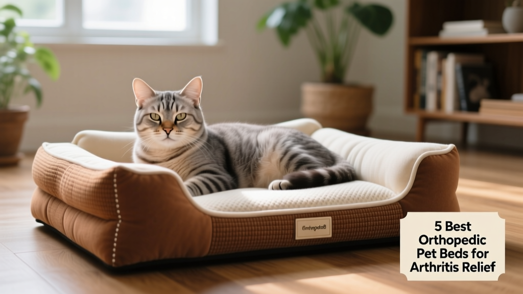 Senior cat resting comfortably on an orthopedic pet bed with soft bolsters and plush fabric
