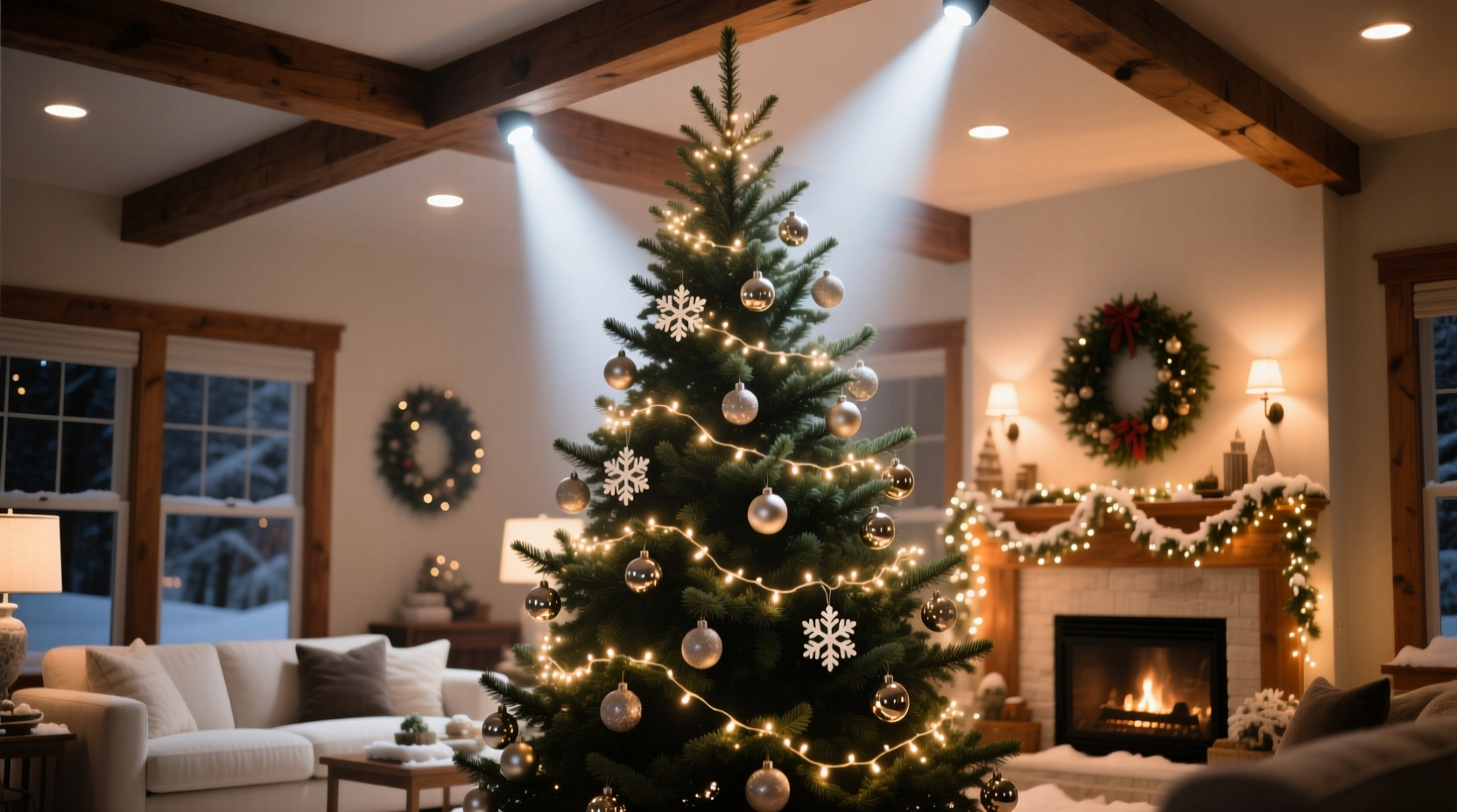 how to layer christmas lighting for depth using spotlights and strings
