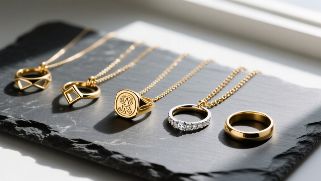 Flat lay on slate showing three ring pendants, a signet, diamond band, and plain gold ring, paired with varying chain gauges.