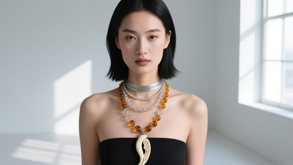 Model wearing a three-tier layered necklace set featuring a short choker, mid-length glass beads, and long carved bone pendant.