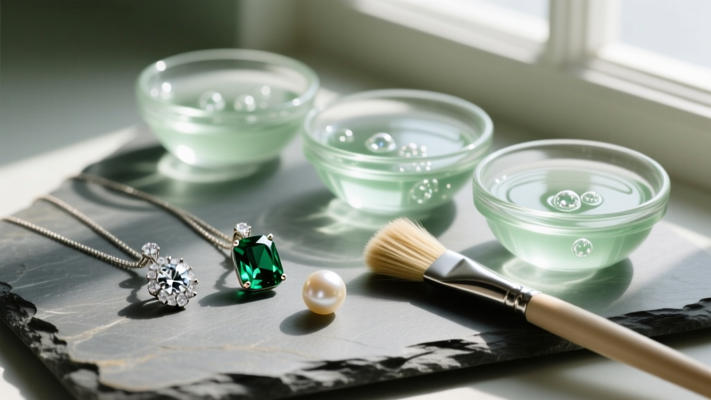 Diamond, emerald, and pearl pendants on slate next to glass bowls of gentle jewelry cleaning fluid and a soft-bristled brush