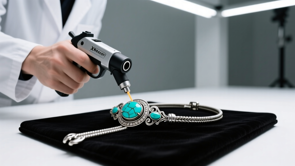 Jeweler using an XRF analyzer gun to test a vintage sterling silver turquoise bolo tie under bright fluorescent lighting.