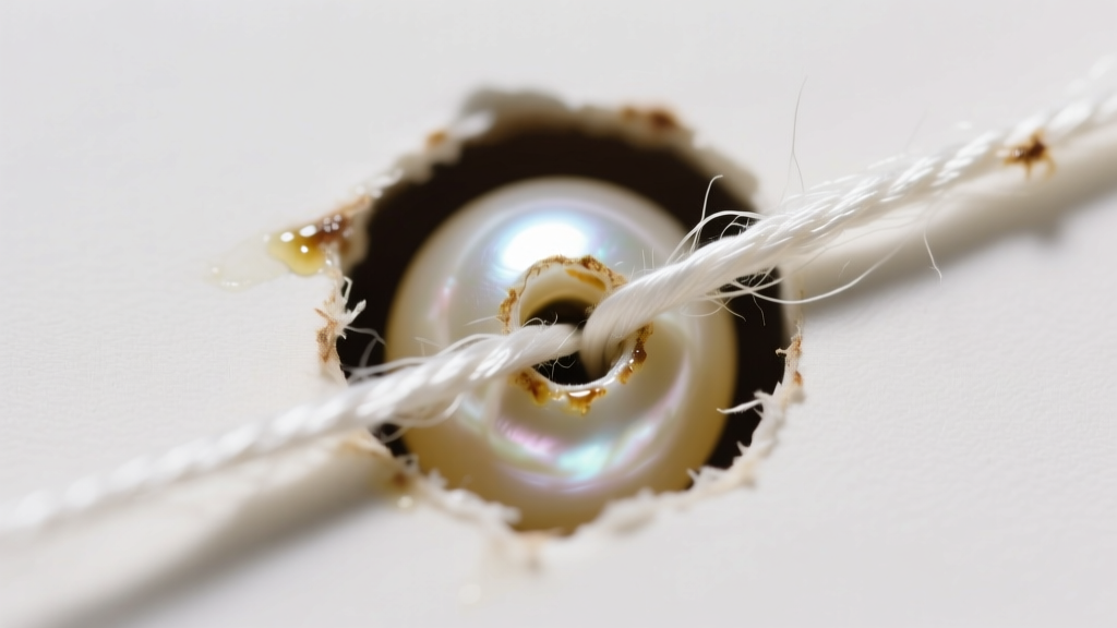 Macro view of frayed silk thread inside a drilled pearl hole, showing mechanical wear and oil damage on the delicate white fiber.