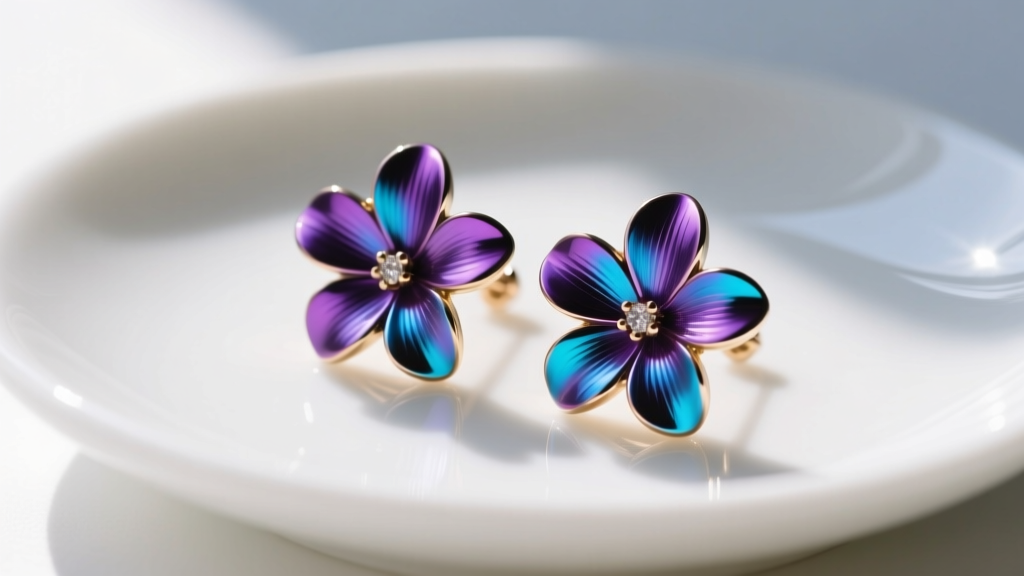 Vibrant anodized titanium flower petal earrings in iridescent purple and blue displayed on a white ceramic dish in sunlight