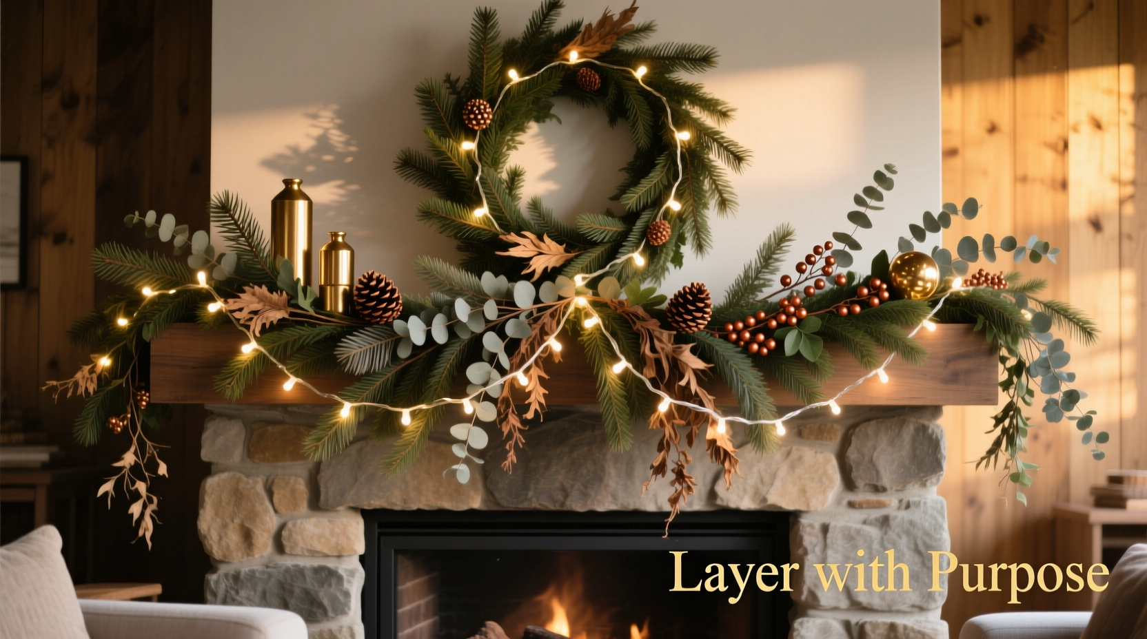 how to layer garlands and lights on a mantle for maximum visual impact