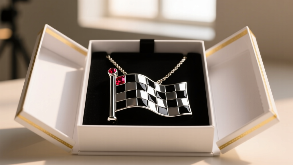 Open gift box displaying a racing-inspired checkered flag nitro necklace with a black rhodium finish and ruby accents.