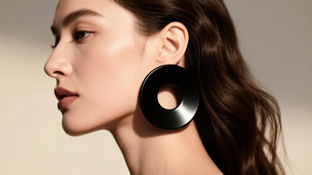 Side profile of a woman wearing oversized matte black niobium round disc earrings, showing lightweight jawline drape and contrast.