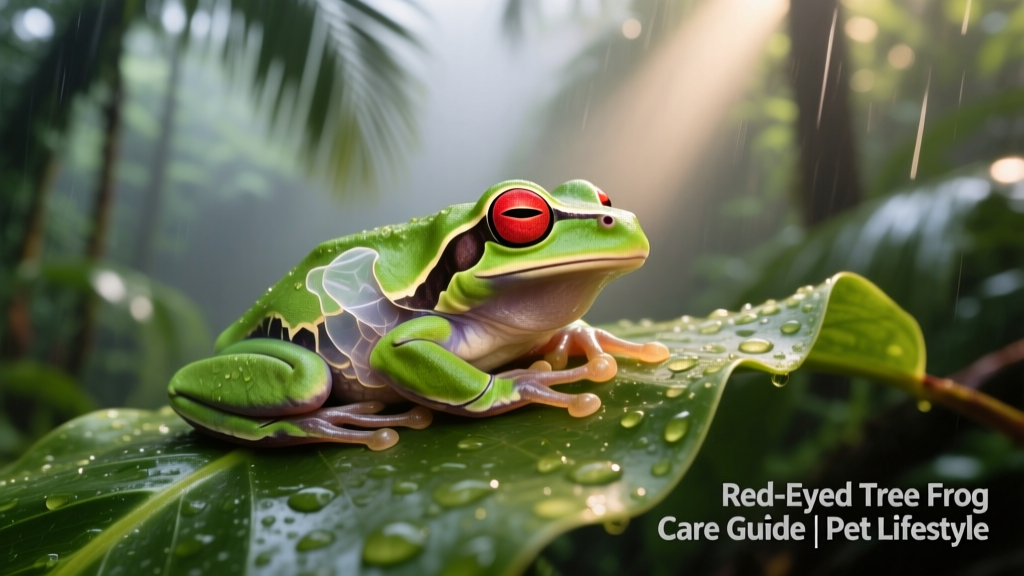 Healthy red-eyed tree frog resting on a broad leaf, eyes closed, during a natural shedding cycle