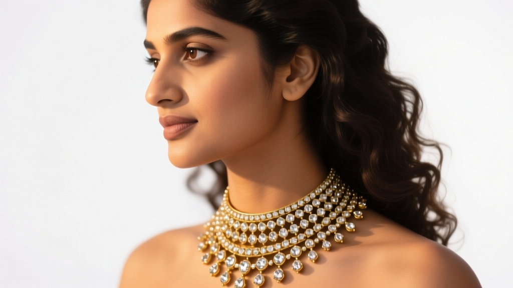 Side profile of a woman wearing a layered Polki diamond Pakistan necklace with a matte gold finish under warm studio lighting.