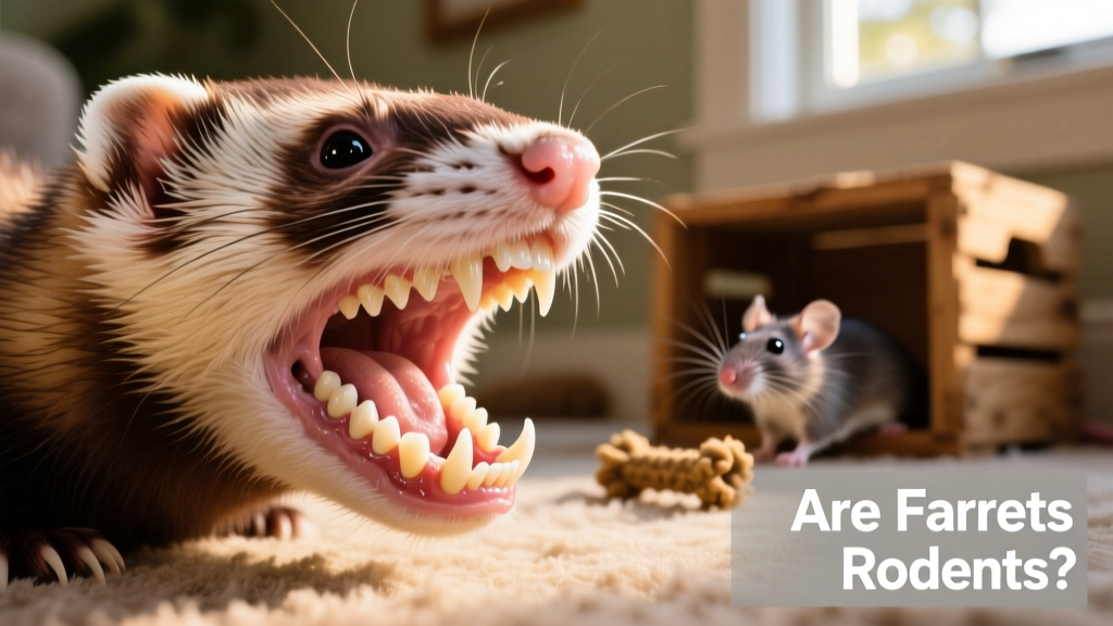 Close-up of a ferret’s mouth showing full dental structure, next to a rodent’s prominent front incisors