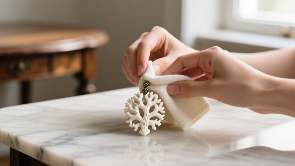 Hands wiping an antique white coral pendant with a soft cloth, demonstrating proper daily maintenance and care after wearing it.