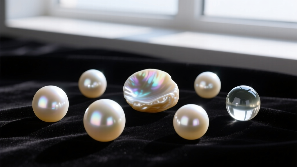 Macro shot of lustrous round Akoya pearls, irregular Freshwater pearls, and smooth glass imitation pearls resting on dark velvet.