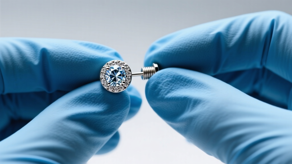 Hand in a blue nitrile glove twisting the gem top of an internally threaded flat back earring, clean clinical background lighting