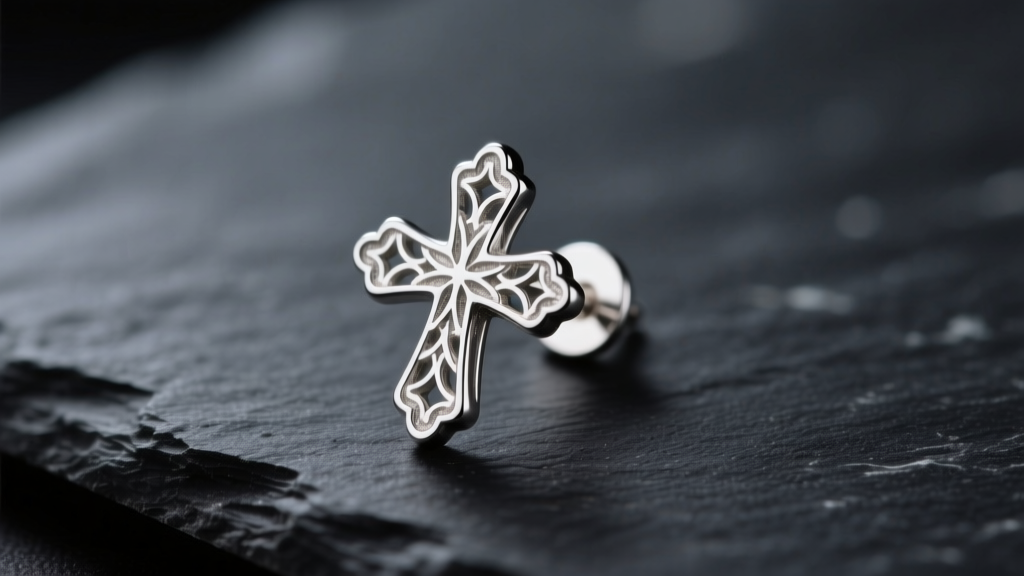 Sterling silver cross stud earring on dark slate showing intricate filigree details and slight tarnish under soft lighting.
