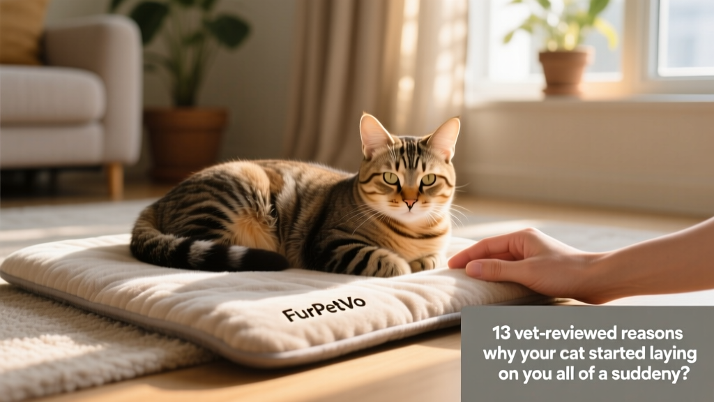A serene tabby cat resting peacefully on a soft FurPetVo-branded calming mat beside a human hand