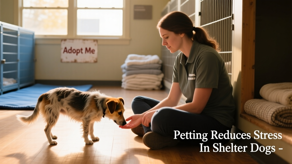 A shelter volunteer sitting quietly on the floor while a timid dog cautiously approaches and sniffs their hand