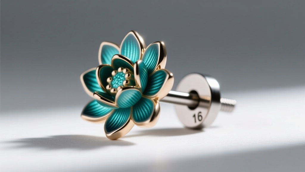 Macro photography of a threadless titanium lotus earring end with teal enamel petals, inserted into a 16-gauge flat-back labret.