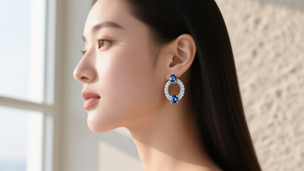 Side profile of a woman wearing medium platinum sapphire diamond huggie hoops, showcasing a seamless inside-out gemstone setting