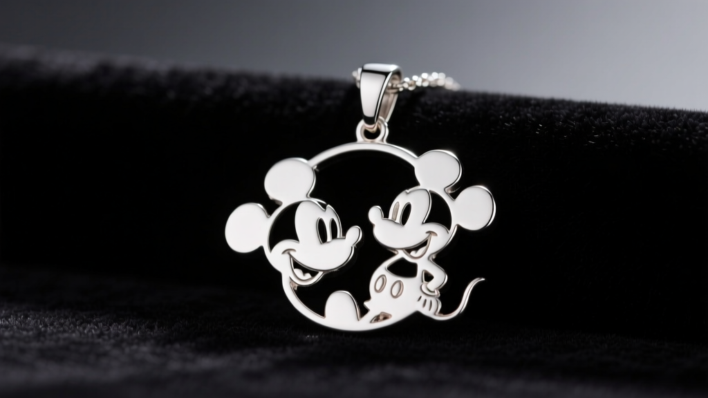 Polished 925 sterling silver Mickey and Minnie silhouette pendant resting on dark velvet under soft studio lighting