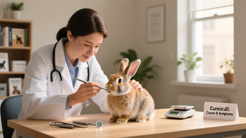 Veterinarian gently examining a calm rabbit during a routine wellness check, with diagnostic tools visible in background