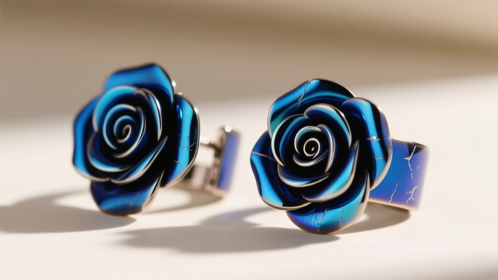 Close-up of 16-gauge titanium blue rose ear cuffs, showing the vibrant voltage-anodized deep blue oxide surface layer.