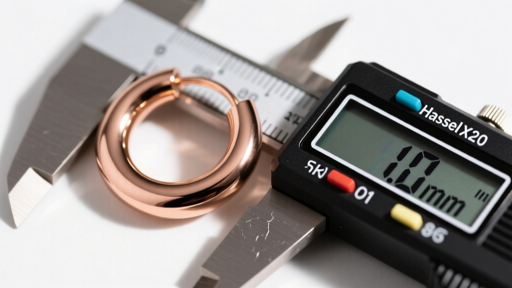 Solid rose gold huggie hoop on a digital caliper, showing the 1.0mm wire thickness measurement in sharp, well-lit macro focus.