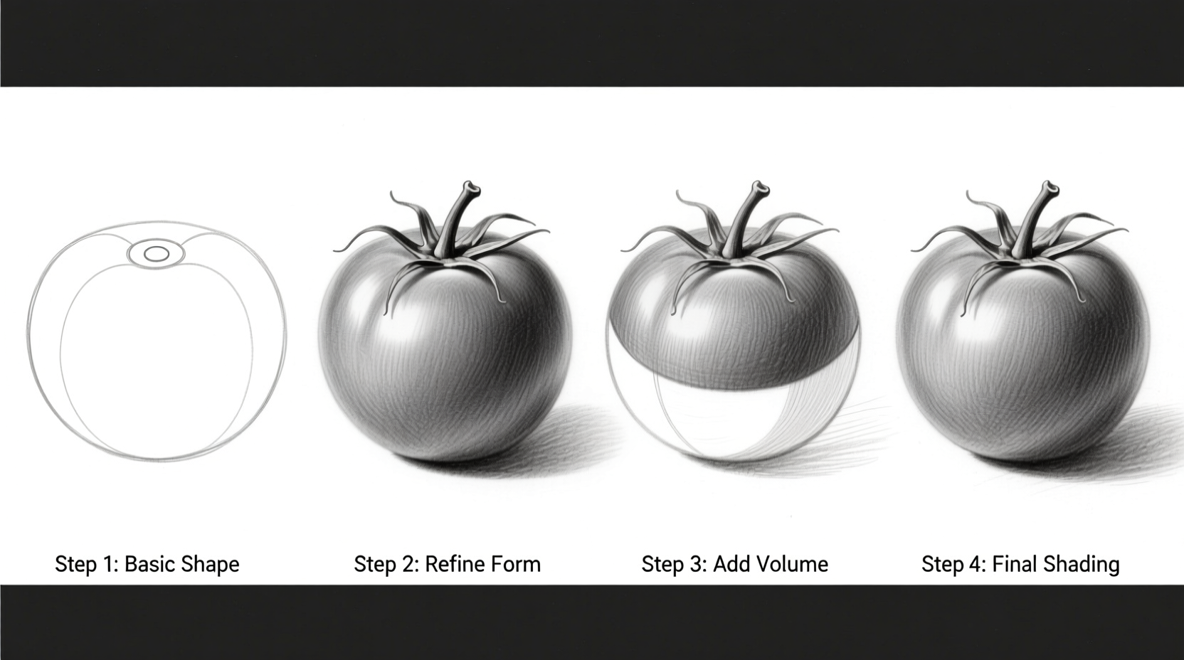 Step-by-step tomato drawing process showing basic shapes