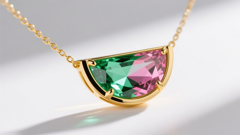 Side profile of a bezel-set watermelon tourmaline slice necklace in 14k yellow gold, highlighting the protective metal rim