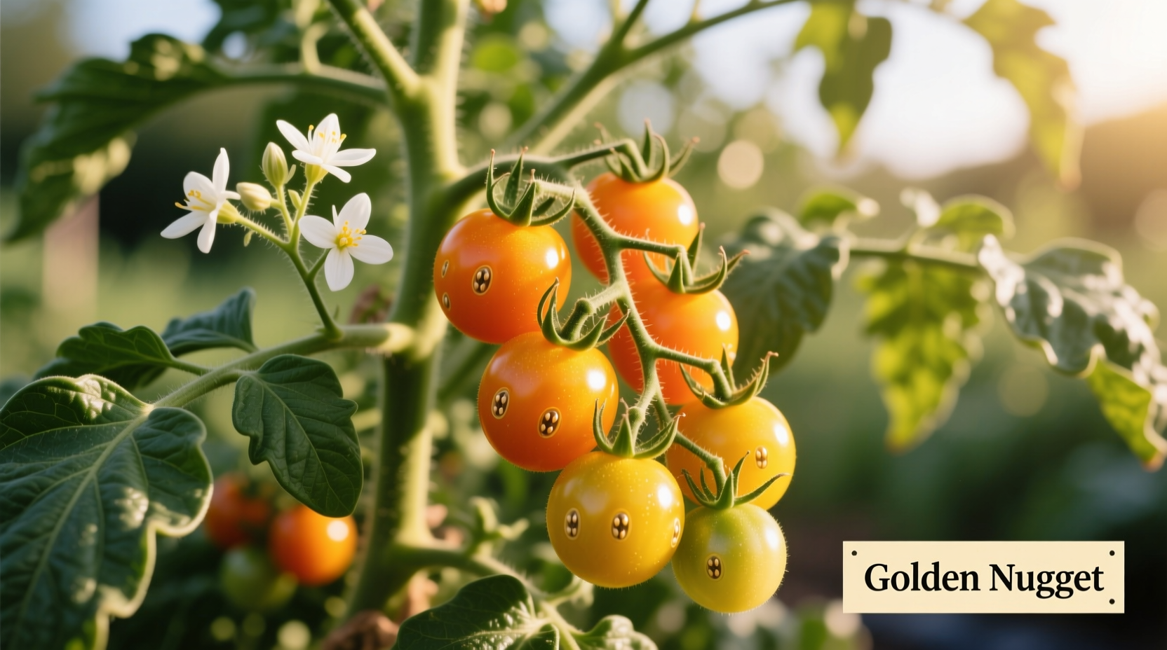 Gold Nugget tomato plant with yellow-orange fruits