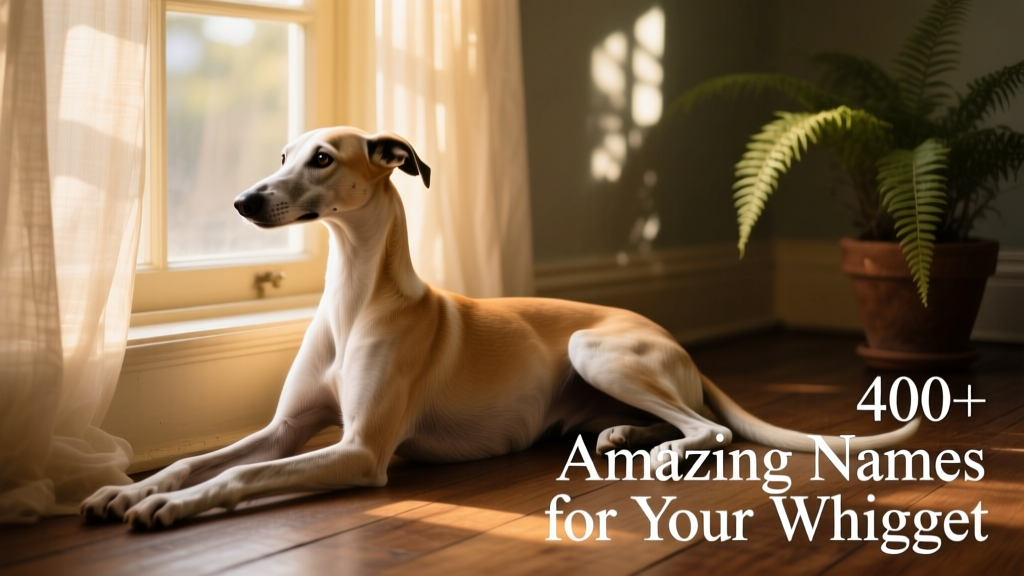 A relaxed Whippet resting beside a sunlit window, its elegant form and gentle expression highlighting its calm, intelligent nature