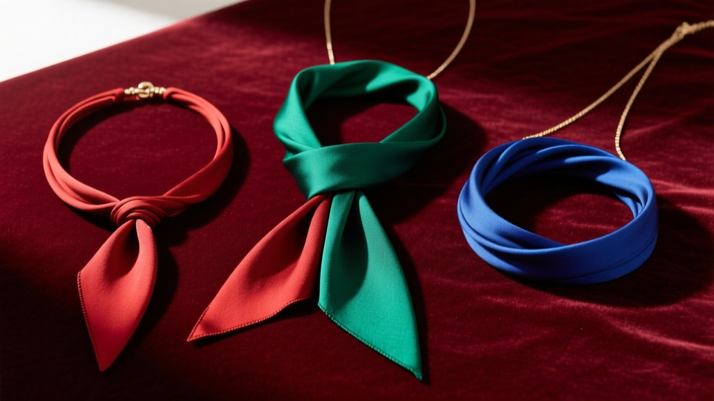 Flat lay of three scarf necklace styles: a simple lariat loop, an asymmetric drape, and a tight double-wrap choker on velvet