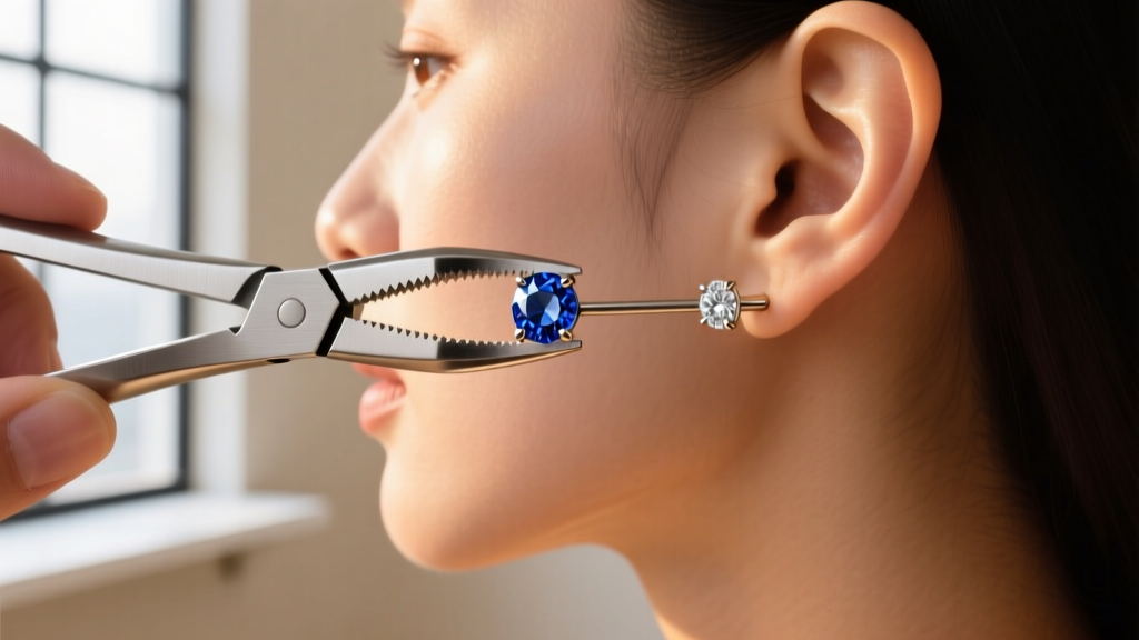Person using a specialized jewelry hemostat tool to safely grip and remove the front gem of a threadless titanium earring stud.
