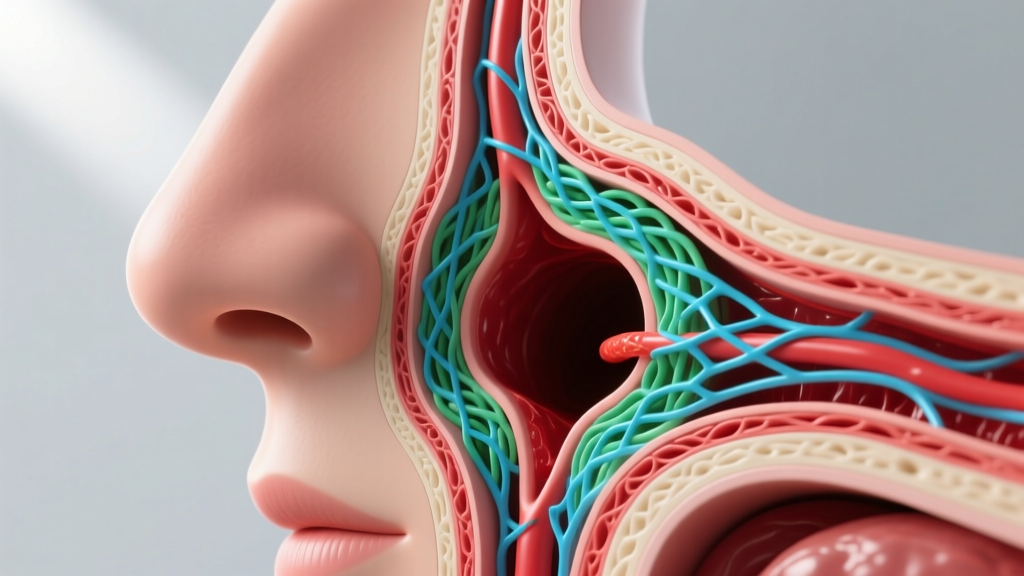 Cross-section medical illustration of a nostril fistula tract shrinking, highlighting collagen fibers contracting around empty hole