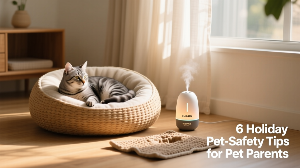 A serene corner of a home with a cat resting in a cozy bed beside a FurPetVo pheromone diffuser, a lick mat nearby, and soft lighting