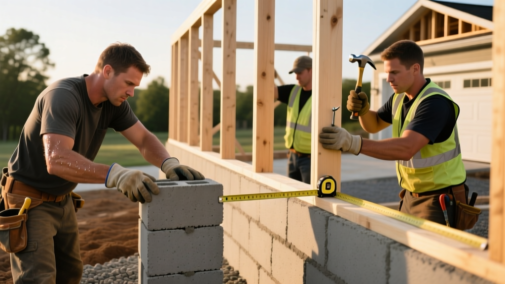 Mason laying 8-inch grey concrete blocks on the left alongside carpenters framing a 2x6 wood stud wall on a sunny residential site