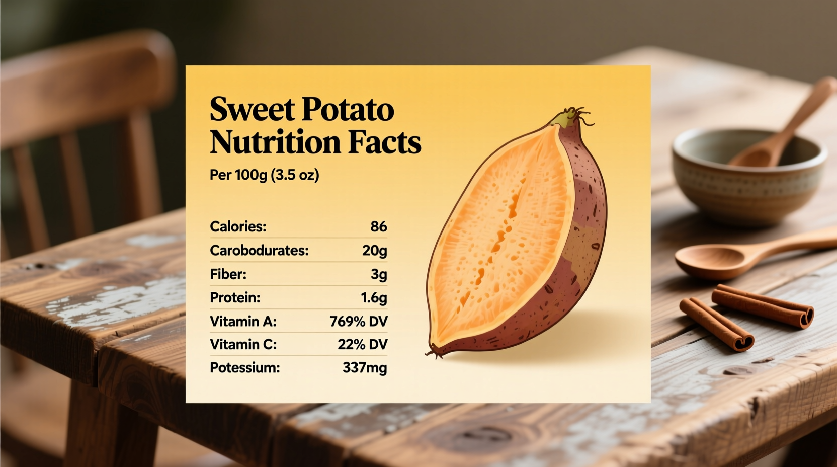Sweet potato nutrition facts on wooden table