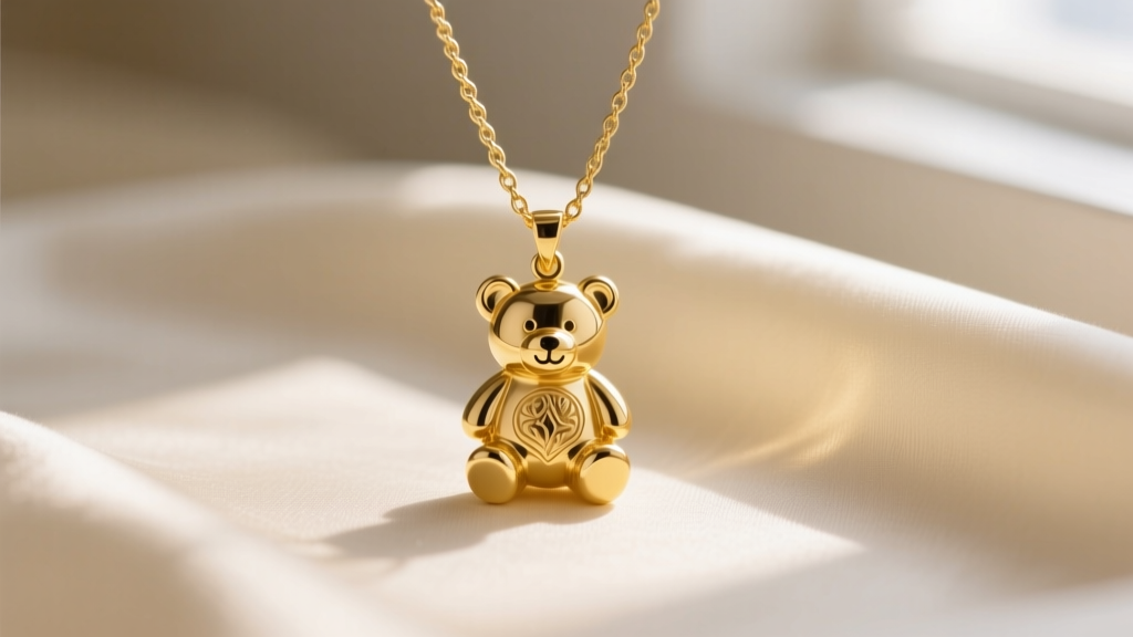 A 14k yellow gold teddy bear pendant on a delicate cable chain resting on cream silk fabric in soft natural window light.