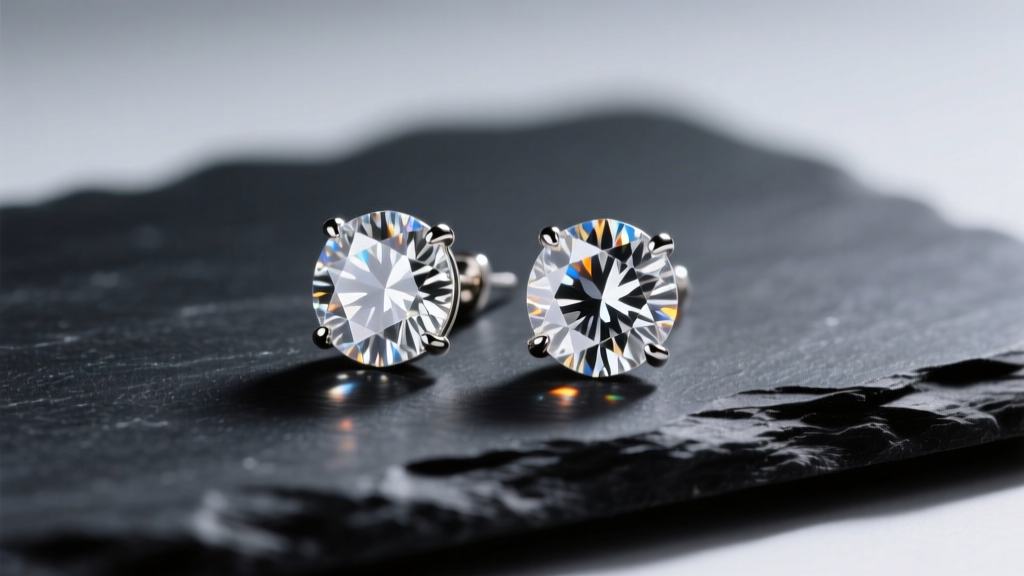 Close-up of sparkling LCI lab-created diamond stud earrings on dark slate, illuminated by soft, directional studio lighting.