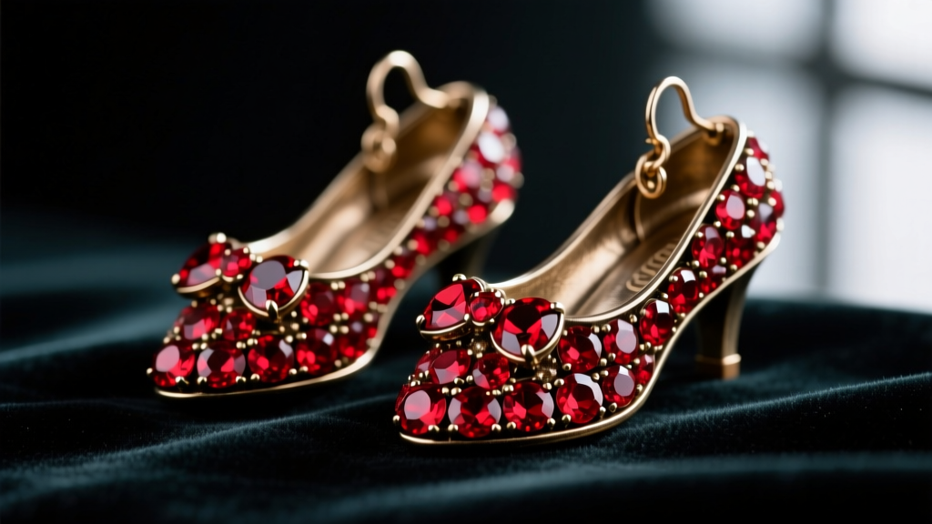 Close-up of vintage Wizard of Oz ruby slipper earrings with foil-backed red rhinestones in oxidized pot metal on dark velvet