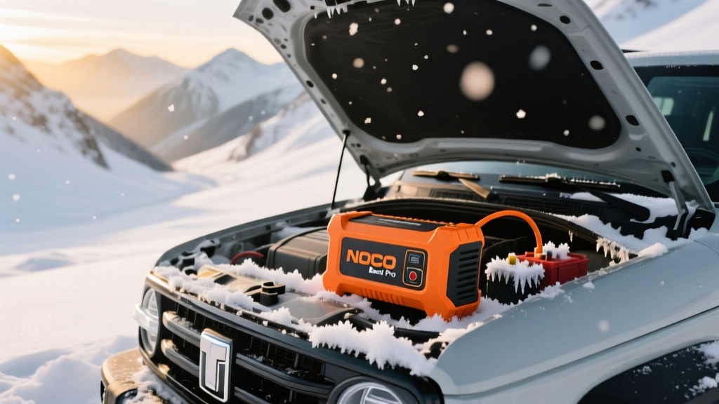Snowy mountain pass with SUV hood open, revealing an orange NOCO Boost Pro jump starter clamped onto frozen battery terminals