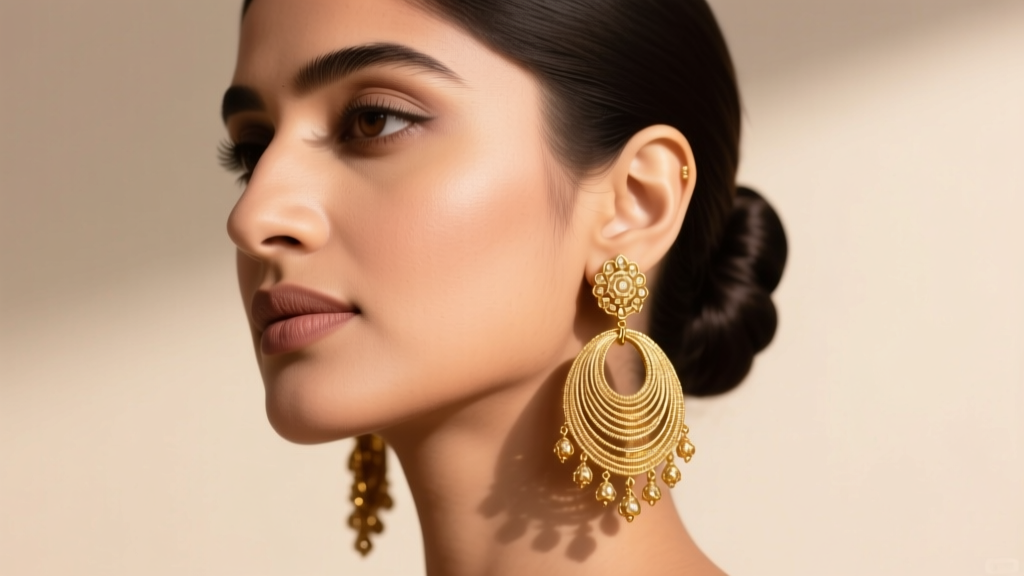 Elegant portrait of a woman wearing 22k gold sui dhaga earrings, showing the drape of metallic zari thread against her earlobe.