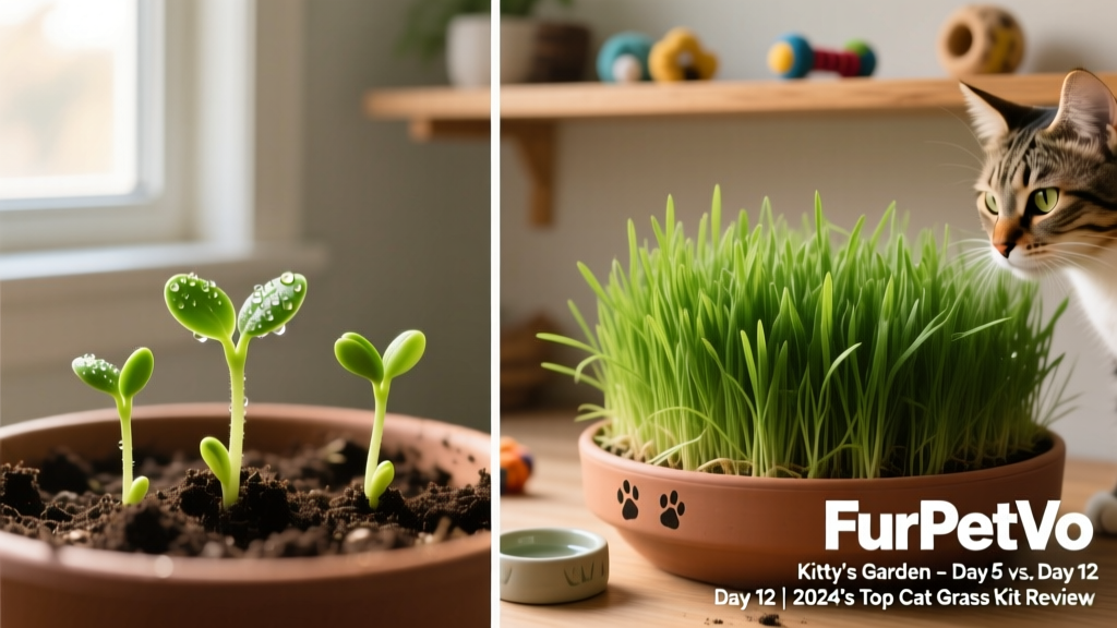 Side-by-side comparison showing FurPetVo Kitty’s Garden at day 5 (tiny green sprouts) and day 12 (full, dense growth)