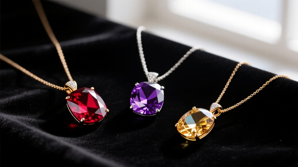 Flat lay on dark velvet showing refractive light differences between a ruby, amethyst, and citrine pendant necklace with gems.